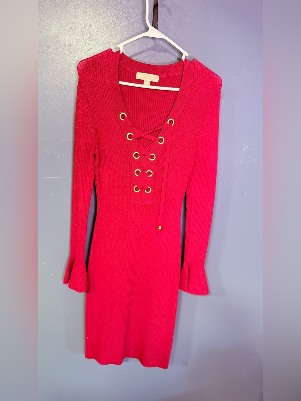Michael Kors Red Ribbed Lace-Up Long Sleeve Dress
